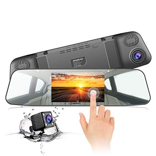Jeemak Backup Camera 4.3" Touch Screen Mirror Dash Cam 1080P Rearview Front and Rear Dual Lens Dashboard Recorder with Waterproof Reversing Camera