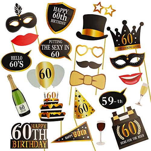 KissDate 24Pcs 60th Birthday Photo Booth Props, Funny DIY Kit for Men Women 60th Birthday Party Supplies Decoration and Favors (Black and Gold)