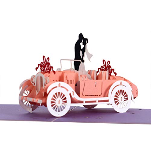 CUTE POPUP - Wedding Pop Up Card with Bride and Groom in Wedding Car Design, Anniversary Card, Thinking of You Card, Birthday Card, Surprising Present for Couple, Wife and Husband