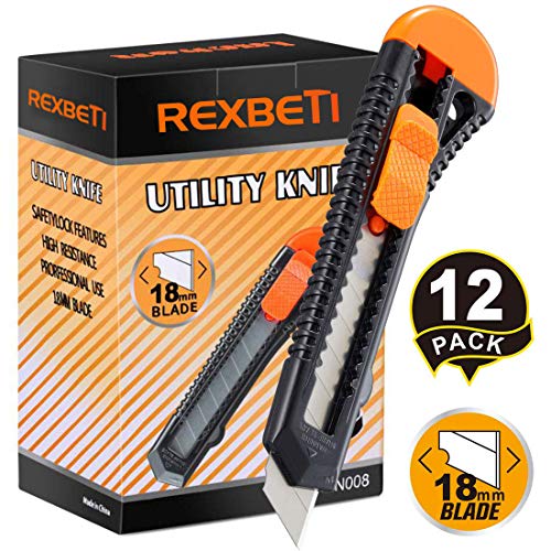 Book Cover REXBETI 12-Pack Utility Knife, Retractable Box Cutter for Cartons, Cardboard and Boxes, 18mm Wider Razor Sharp Blade, Smooth Mechanism, Perfect for Office and Home use