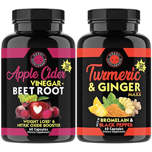 Angry Supplements Apple Cider Vinegar + Beetroot and Turmeric & Ginger Capsules (2-Pack Bundle), Natural Weight Loss Detox Remedy, Nitric Oxide Booster, Metabolism + Energy (120 Count)