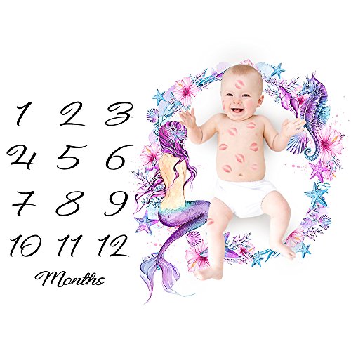 Baby Monthly Milestone Growing Blanket, Newborn Infants Photo Blanket, DIY Photography Background Props Backdrop, Best Kids Baby Shower Gift (Mermaid)