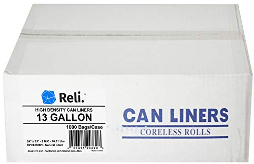 Reli. 13 Gallon Trash Bags (1000 Count Bulk) Clear Trash Bags 13 Gallon in Bulk - Recycling Clear Can Liners 13 Gallon - 16 Gallon Tall Kitchen (13 Gal)