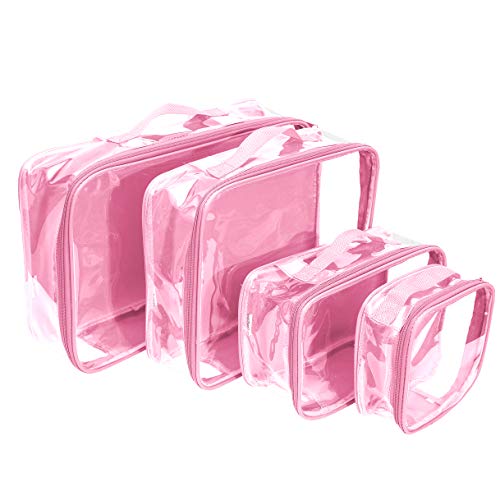 Clear Travel Packing Cubes Set of 4 for Carry On (XS, Small, Medium, Large) / See-Through Clothes Organizer Dividers for Suitcase/Transparent Vinyl PVC Cell Pouches for Luggage (Rose)