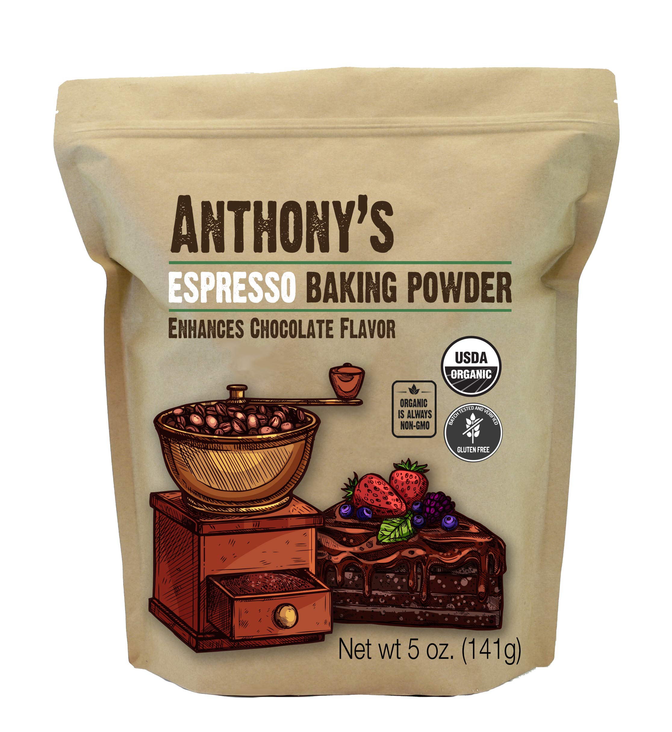 Book Cover Anthony's Organic Espresso Baking Powder, 5 oz, Gluten Free, Non GMO, Enhances Chocolate Flavor 5 Ounce (Pack of 1)