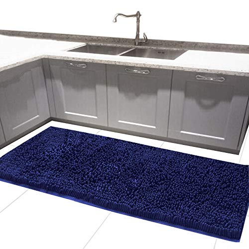 MAYSHAG 24 x 54 Inches Bath Rugs Long Bath Mat Chenille Bath Runner Rug with Water Absorbent Soft Microfibers Shower Rug Navy Blue