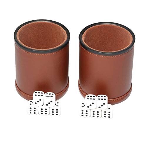 Book Cover Leather Dice Cup Set Felt Lining Quiet Shaker with 5 Dot Dices for Farkle Yahtzee Games,2 Pack (Brown)