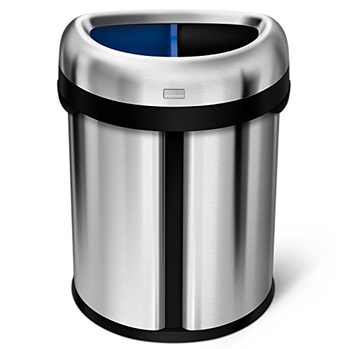 simplehuman 66 Liter / 17.4 Gallon Dual Compartment Recycler Semi-Round Open Commercial Trash Can, Heavy-Gauge Brushed Stainless Steel