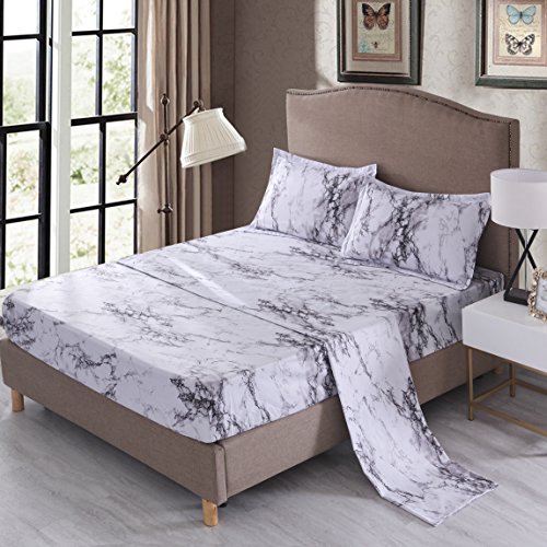 Book Cover Mengersi Marble Sheet Set Queen Size- White Gray Black Marble Sheets - Extra Soft - Deep Pockets - 1 Fitted Sheet, 1 Flat, 2 Pillow Cases - 4 Piece