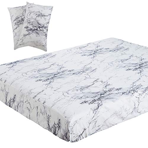 Book Cover Vaulia Soft Microfiber Sheets, White Marble Pattern, Queen Size 3-Piece Set (1 Fitted Sheet, 2 Pillowcases)