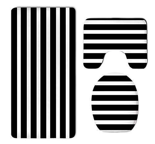 Black and White Mosaic Vertical Stripes Skidproof Toilet Seat U Shape Cover Bath Mat Lid Cover 3 Piece Non Slip Bath Rug Mats Sets for Shower SPA