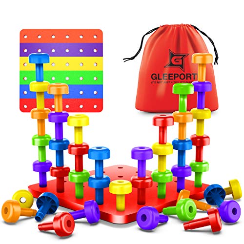 Gleeporte Stacking Peg Board Set Toy - Montessori Occupational Therapy Early Learning for Fine Motor Skills, Ideal for Toddlers and Preschooler, Includes 30 Plastic Pegs & 1 Board