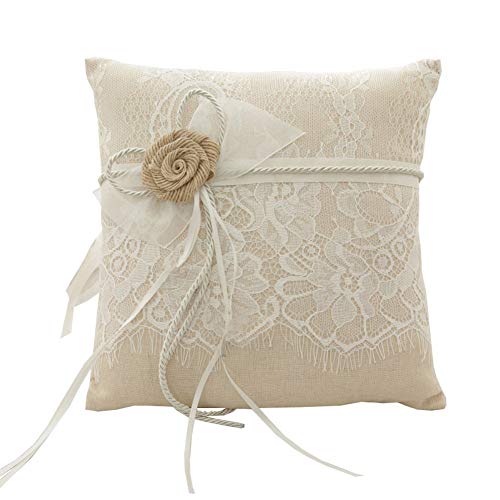 Amajoy Vintage Rustic Burlap Lace Wedding Ring Pillow 7.5 inch x 7.5 inch