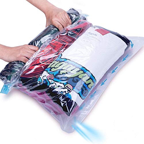 Space Saving Rolling Compression Bags for Travel and Storage, No Vacuum Pump Needed. 10 Large Roll Up Space Saver Bag Set for Clothes and Blankets. Use For Flights, Packing Cubes & Drawer Organizers
