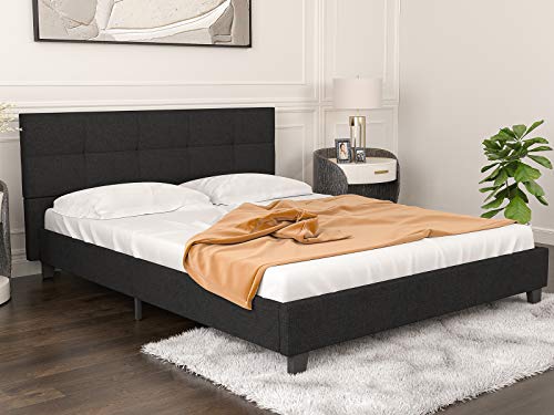 Book Cover mecor Upholstered Linen Full Platform Bed Metal Frame - with Solid Wood Slats Support - Square Stitched Headboard - Black/Full Size
