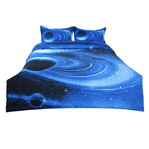 uxcell Full/Queen Size Galaxies White Blue Comforter Sets - 3D Outer Space Themed - All-Season Down Alternative Quilted Duvet - Reversible Design- Includes 1 Comforter, 2 Pillowcases