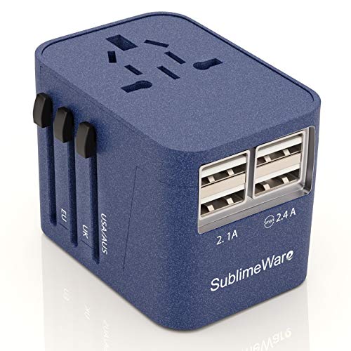 Power Plug Adapter (SandBlue)- International Travel - w/4 USB Ports for 150+ Countries - 220 Volt Adapter - Travel Adapter Type C Type A Type G I f UK EU Europe European
