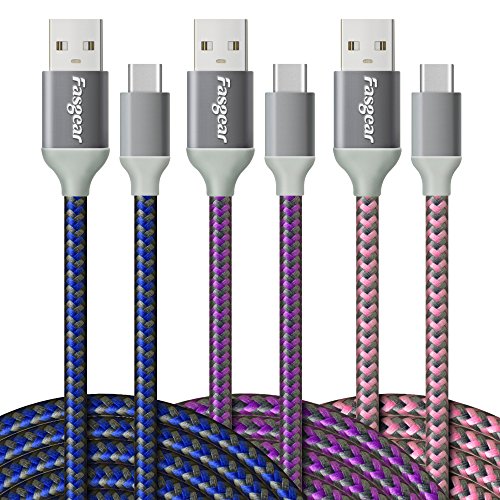 Book Cover Fasgear USB to USB C Cable, 3 Pack 10ft Nylon Braided USB Type C Fast Charging Sync Cable Compatible with Galaxy S10/S9/S8+, Moto Z2, LG V30/G6, Nokia N1 and More (Blue,Purple,Pink)