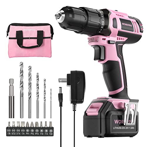 WORKPRO Pink Cordless 20V Lithium-ion Drill Driver Set (1.5Ah), 1 Battery, Charger and Storage Bag Included