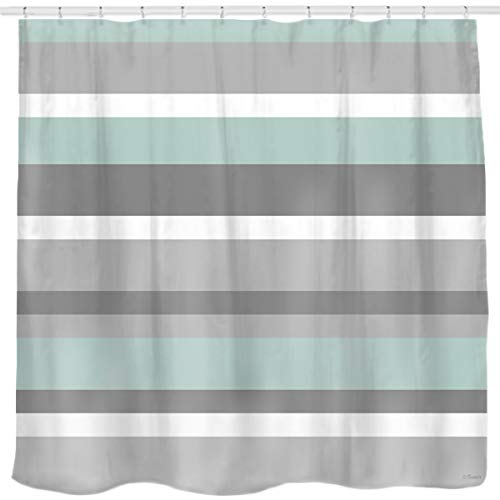 Sunlit Aqua Blue Gray Horizontal Stripes Water-Repellent Fabric Shower Curtain with Reinforced Metal Grommets Refreshing Striped Design Bathroom Decor