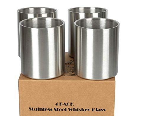 Whiskey Glass Set of 4 Stainless Steel Lowball Glasses - 10 oz Insulated Shatterproof Outdoor Bourbon Glass - Ideal Gift for Family, Friends and Whisky Lovers