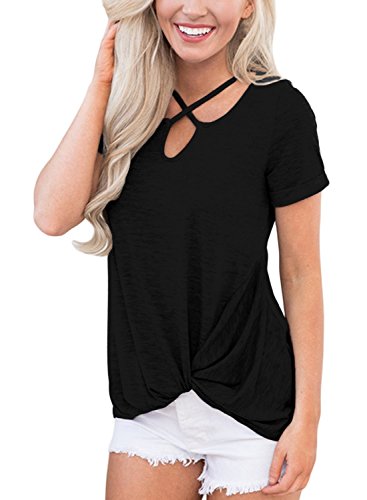 JunJunBag Women's Criss Cross Casual Loose Short Sleeve T-Shirt Tops