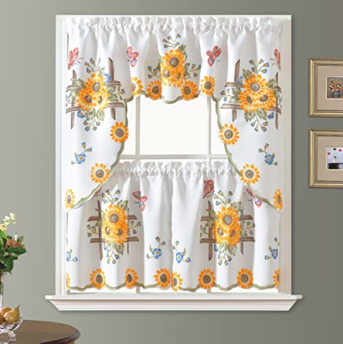 Book Cover GOHD Golden Ocean Home Decor 3pcs Kitchen Cafe Curtain Set Air Brushed by Hand of Sunflower and Butterfly Design on Thick Satin Fabric (Swag and 24 inches Tiers Set)