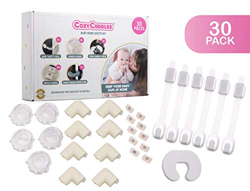 Premium Baby/Toddler Proofing Kit - 6 Cabinet Locks Child Safety with Adjustable Straps - 10 Outlet Covers - 8 Corner Guards - 5 Stove Knob Covers - 1 Anti Trap Anti Pinch Door Guard