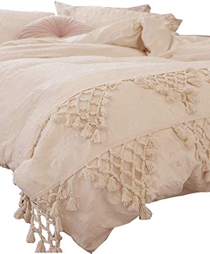 Flber Tufted Tassel Duvet Cover Lattice Boho Bedding,Full Queen, 86inx90in