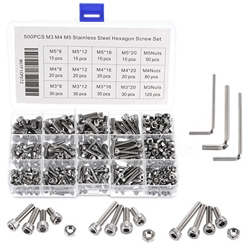 Metaltools 304 Stainless Steel Hexagon Screw Set â€“ 500pcs M3 M4 M5 Hex Bolts and Nuts Assortment for Your Everyday Needs (Soket Head)