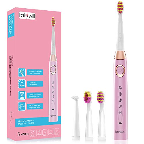 Book Cover Fairywill Electric Toothbrush, Sonic Toothbrush Rechargeable for Adults and Teens, ADA Accepted, 3 Brush Heads 4 Hours Charge Minimum 30 Days Use, Build in Timer and Waterproof Black Series