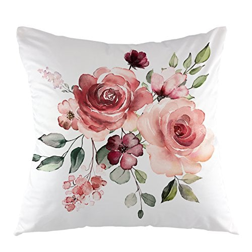 Book Cover oFloral Flower Throw Pillow Cover Flower Floral Leaf Buds Pillow Case Square Decorative Cushion Cover for Sofa Couch Home Bedroom Indoor Outdoor Pillowcase 18 x 18 Inch Green Pink White