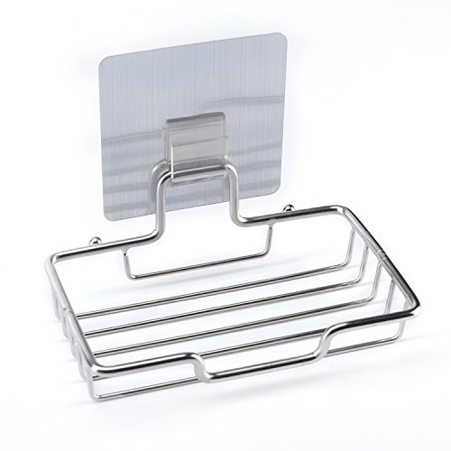 TeaMaX Self Adhesive Soap Dish + 2 Sticky Hooks Stainless Steel Sponge Holder Draining Dish for Home Kitchen Bathroom Shower