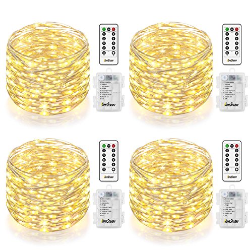 Homestarry 4 Pack Fairy String Lights Battery Operated Waterproof 8 Modes Remote Control 66 Led 16.4ft Indoor Lights Silver Wire Twinkle Lights for Bedroom Wedding Party Dinner Festival Decor (Warm White)