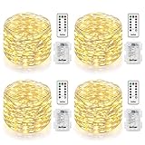 Homestarry 4 Pack Fairy String Lights Battery Operated Waterproof 8 Modes Remote Control, 66 LED's, 16.4 ft, Warm White