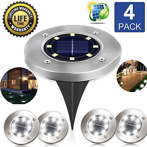 Solar Ground Lights In-Ground Lights Outdoor Solar Lights 8 LEDs Landscape Lights Waterproof Pathway Walkway Pool Area Landscape Lights, White Light, 4 pack