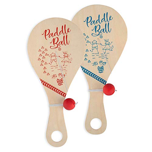 Wooden Paddle Ball Toy(Set of 2) with Green Carry Bag - Indoor Outdoor Toy: Fun and Classic Paddleball Game for Boys and Girls, Party Favor Toys Ages 4+