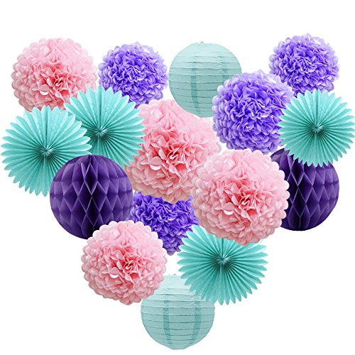 Book Cover Teal Lavender Purple Pink Party Decorations 16pcs Paper Pom Poms Honeycomb Balls Blue Lanterns Tissue Fans for Wedding Birthday Baby Shower Frozen Party Supplies
