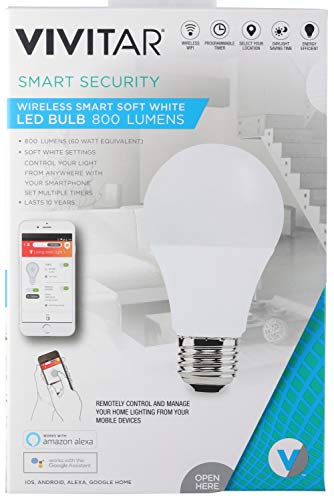 Vivitar LB-95 800 Lumen Soft White LED Bulb, Wireless Wi-Fi, Programmable Timer, Daylight Saving Time, 800 Lumens, Smart Soft White LED Bulb, Iftt/Nest Compatible, White