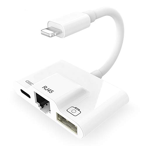 MASAYA RJ45 Ethernet LAN Wired Network Adapter, 3 in 1 USB 3 Camera Reader Adapter,Data Sync OTG Cable,Ethernet Adapter with Fast Charging Port Compatible for iPhone/iPad