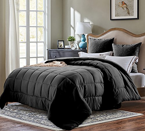 Evolive All Season Pre Washed Soft Microfiber White Goose Down Alternative Comforter with Box Stitching (Black, Full/Queen)