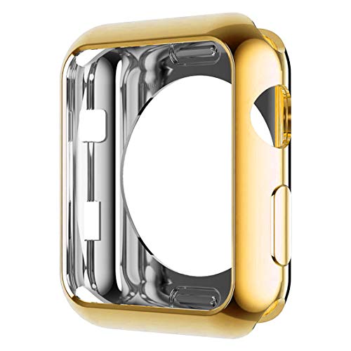 HANKN Compatible with Apple Watch Series 3 2 1 42mm Case, Soft TPU Plated Shiny Cover Iwatch Bumper [No Front Screen Protector] (Gold, 42mm)
