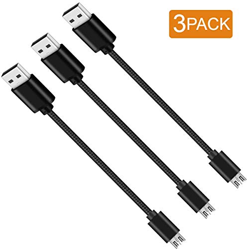 Short Micro USB Cable 8 Inch Nylon Braided Fast USB Charging Cord for for External Battery Charger, Smart Phone Android, Tablet and More (3 Pack) Black