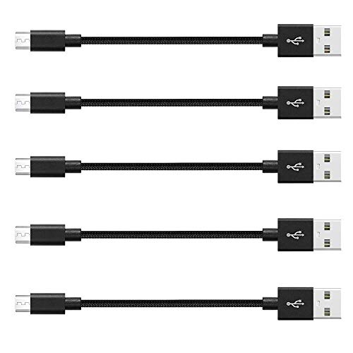 Charger, Micro USB Nylon Braided Short Cable Fast USB Charging Cord for for External Battery Charger, Samsung, HTC, LG, Android and More (5 Pack) 8 Inch - Black