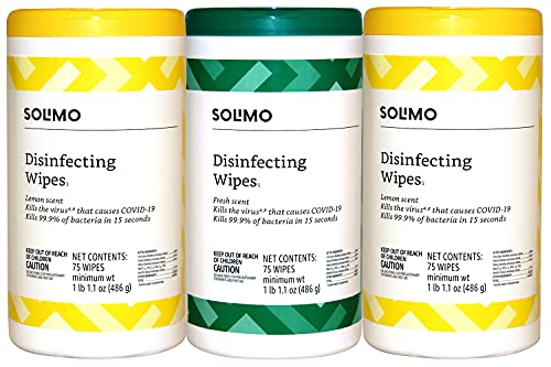 Book Cover Amazon Brand - Solimo Disinfecting Wipes, Lemon Scent & Fresh Scent, Sanitizes/Cleans/Disinfects/Deodorizes, 75 Count (Pack of 3)