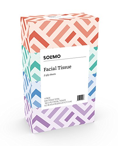 Amazon Brand - Solimo Facial Tissues, 160 Tissues per Box (4 Flat Boxes)