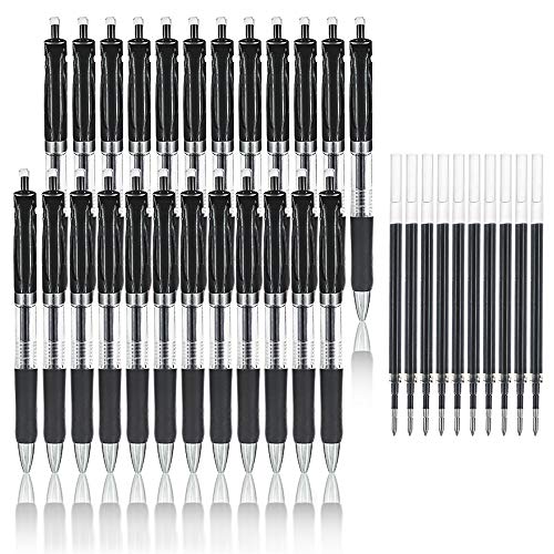 JPSOR 24Pcs Black Rollerball Fine Point Pens, Gel Ink Retractable Writing Ballpoint Pens with 10Pcs Gel Pen Refills (0.5mm) for School Office Home