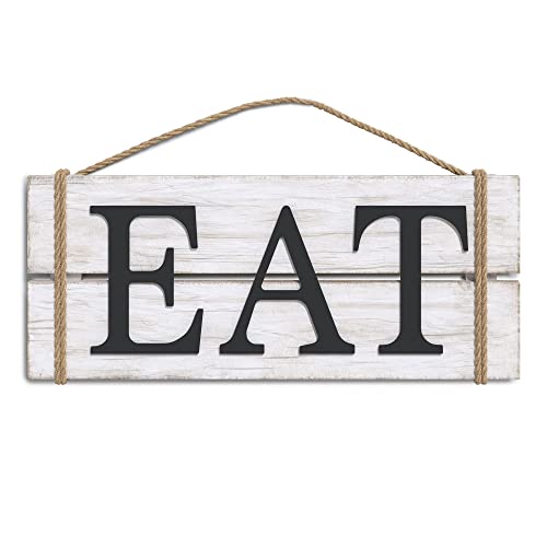 Barnyard Designs Eat Wood Wall Art Sign, Rustic Primitive Farmhouse Country Kitchen and Home Wall Decor, White/Black, 17" x 7”