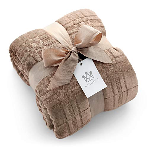 Kingole Flannel Fleece Microfiber Throw Blanket, Luxury Caramel Grid Pattern Twin Size Lightweight Cozy Couch Bed Super Soft and Warm Plush Solid Color 350GSM (66 x 90 inches)
