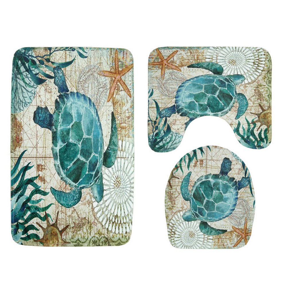 3 Pieces Soft Flannel Bathroom Mat Set Non-Slip Bathroom Rug Contour Mat Absorbent Toilet Mat Lid Cover Set Turtle